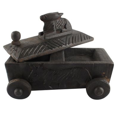 Indian Shelf 1 Piece Vocalforlocal Handmade Black Wooden Nandi Bull Sitting on Cart Design Spice Box Seasoning Masala Organizer Rack Jewellery Container