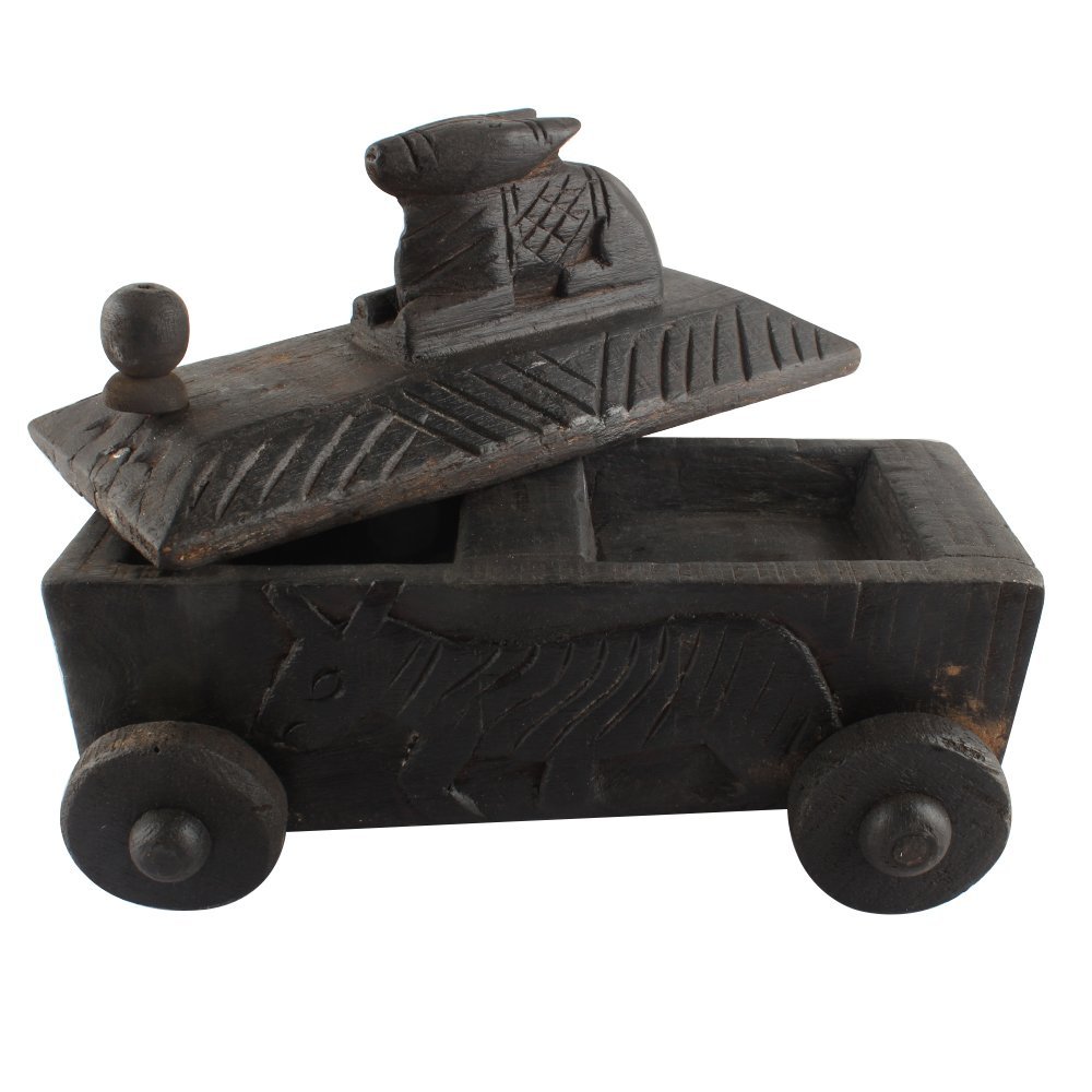 Indian Shelf 1 Piece Vocalforlocal Handmade Black Wooden Nandi Bull Sitting on Cart Design Spice Box Seasoning Masala Organizer Rack Jewellery Container