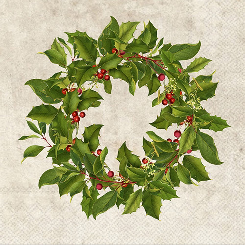 Boston International IHR Bronson Pinchot Designs Lunch Paper Napkins, 6.5" x 6.5", Holly Wreath