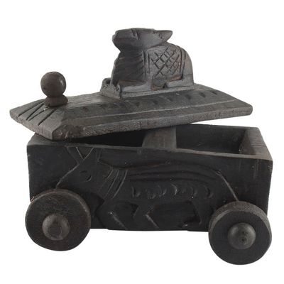 Indian Shelf 1 Piece Vocalforlocal Handmade Black Wooden Nandi Bull Sitting on Cart Design Spice Box Seasoning Masala Organizer Rack Jewellery Container