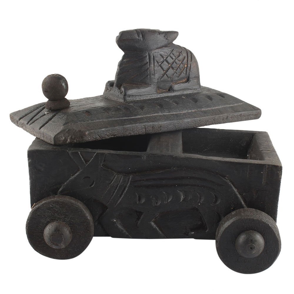 Indian Shelf 1 Piece Vocalforlocal Handmade Black Wooden Nandi Bull Sitting on Cart Design Spice Box Seasoning Masala Organizer Rack Jewellery Container