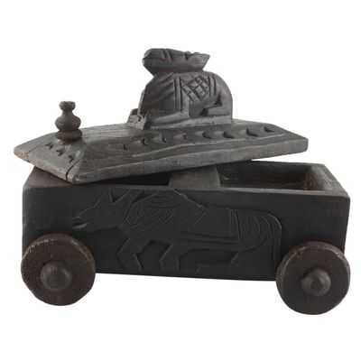 Indian Shelf 1 Piece Vocalforlocal Handmade Black Wooden Nandi Bull Sitting on Cart Design Spice Box Seasoning Masala Organizer Rack Jewellery Container
