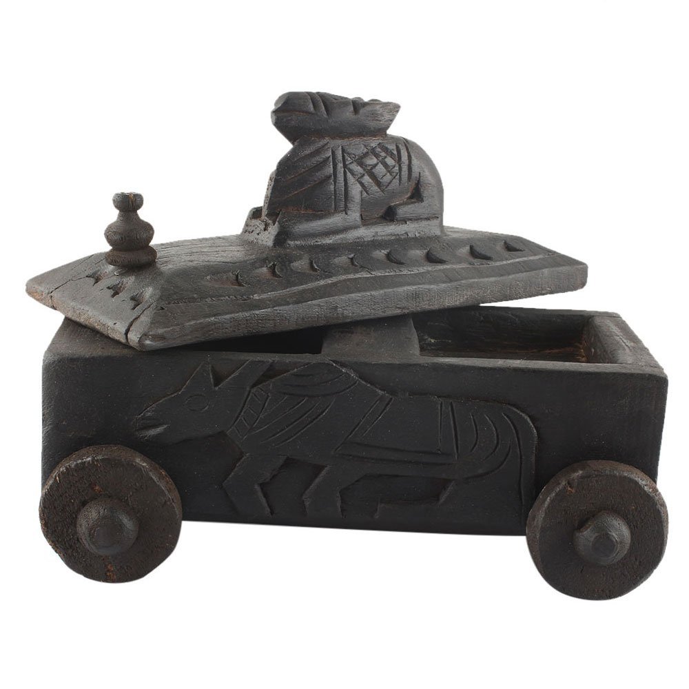 Indian Shelf 1 Piece Vocalforlocal Handmade Black Wooden Nandi Bull Sitting on Cart Design Spice Box Seasoning Masala Organizer Rack Jewellery Container