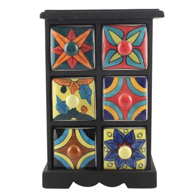 Indian Shelf 1 Piece Vocalforlocal Handmade Multicolor Wooden 6 Drawer Floral Pattern Spice Box Seasoning Masala Organizer Rack Jewellery Container