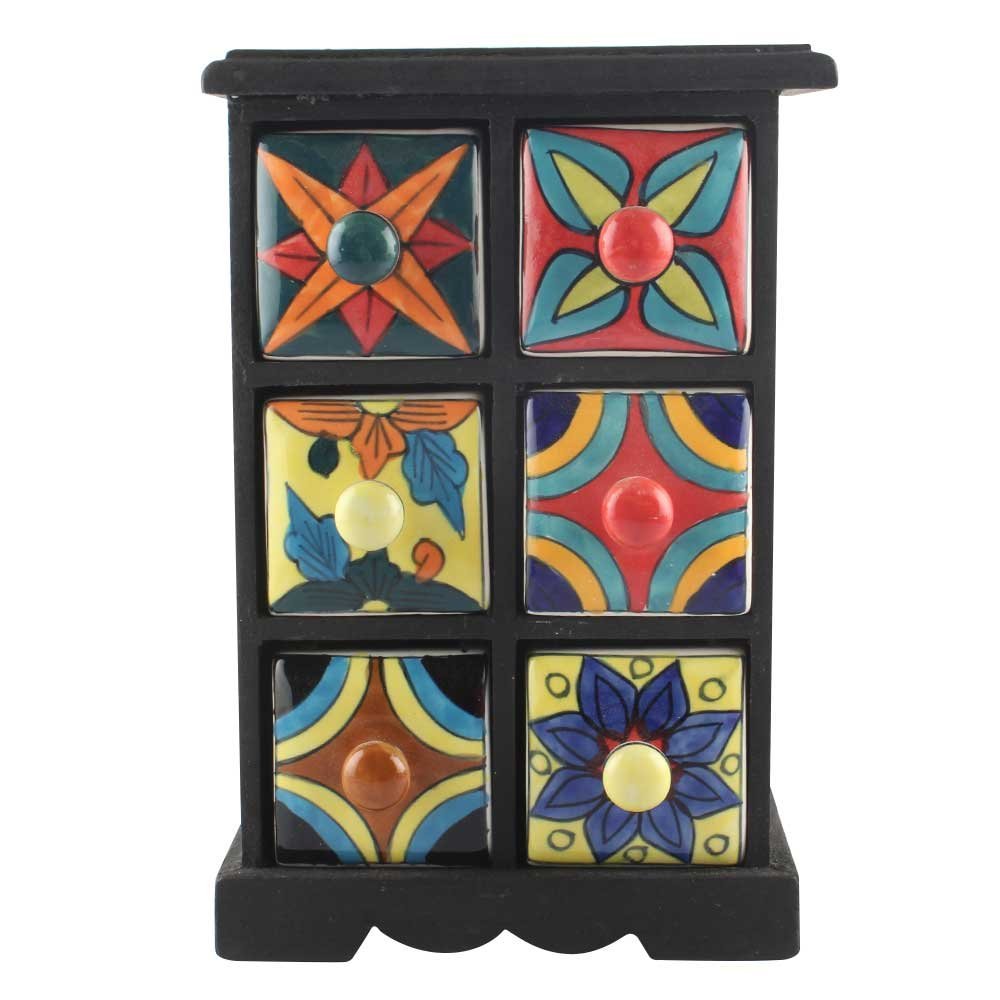 Indian Shelf 1 Piece Vocalforlocal Handmade Multicolor Wooden 6 Drawer Floral Pattern Spice Box Seasoning Masala Organizer Rack Jewellery Container
