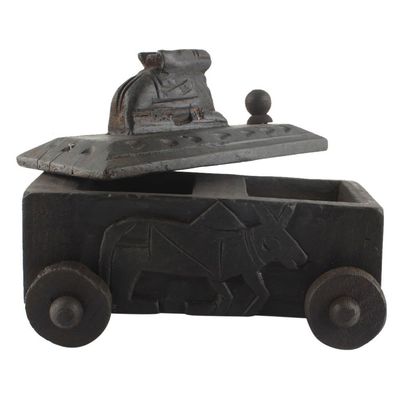Indian Shelf 1 Piece Vocalforlocal Handmade Black Wooden Nandi Bull Sitting on Cart Design Spice Box Seasoning Masala Organizer Rack Jewellery Container