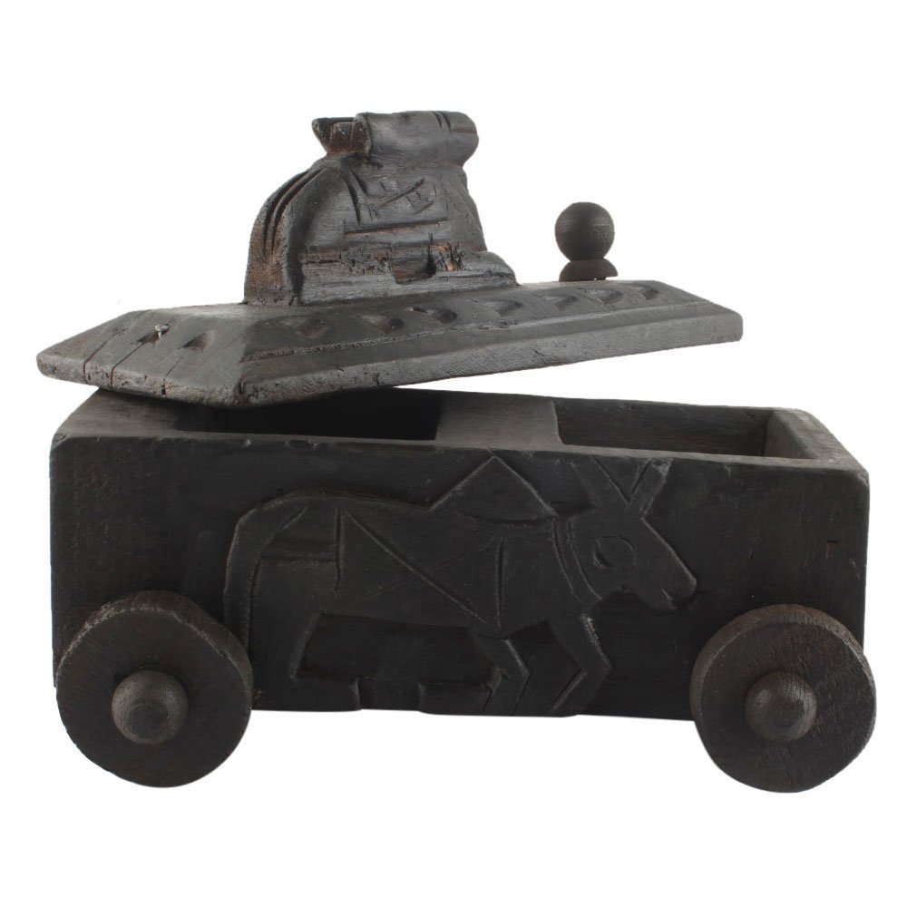 Indian Shelf 1 Piece Vocalforlocal Handmade Black Wooden Nandi Bull Sitting on Cart Design Spice Box Seasoning Masala Organizer Rack Jewellery Container