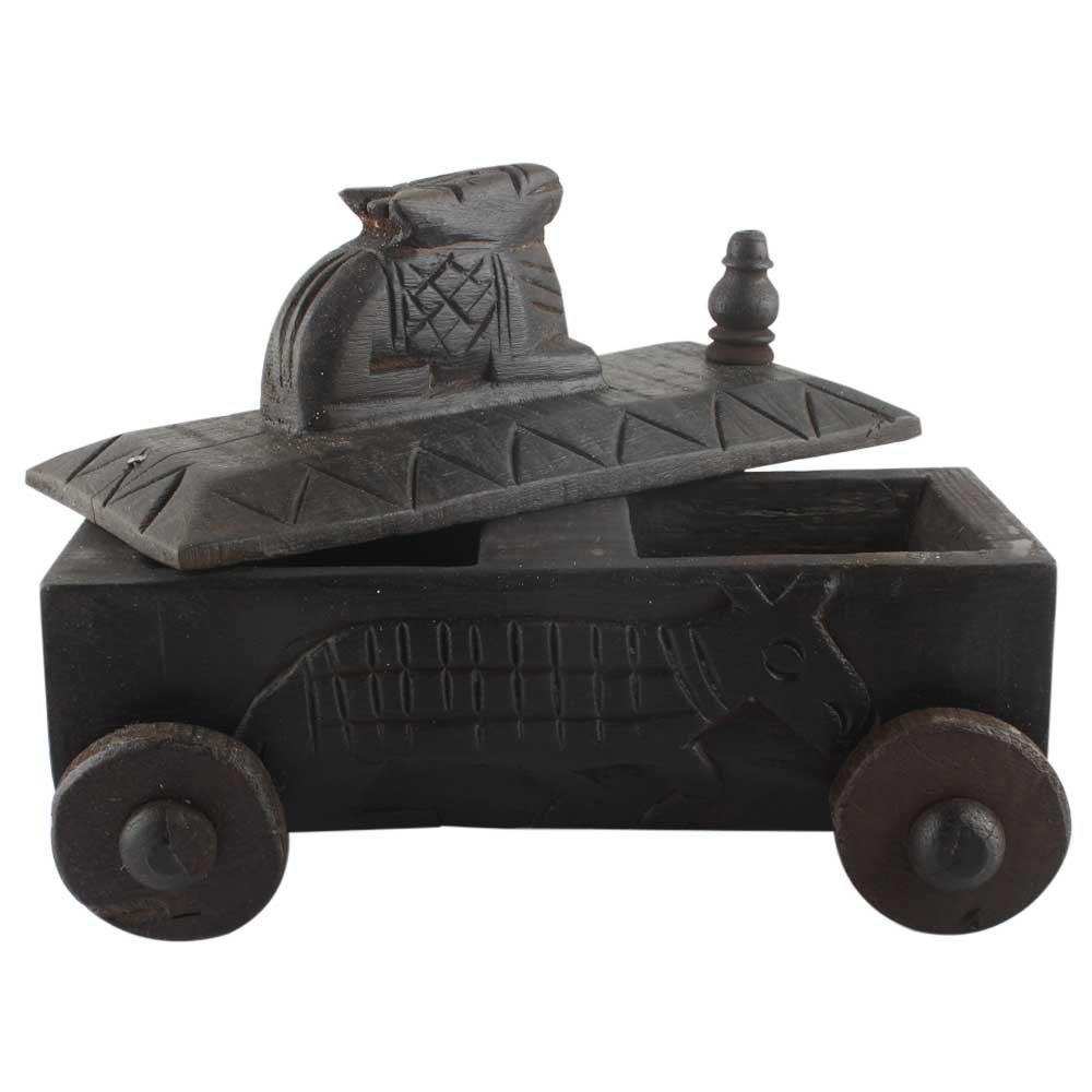 Indian Shelf 1 Piece Vocalforlocal Handmade Black Wooden Nandi Bull Sitting on Cart Design Spice Box Seasoning Masala Organizer Rack Jewellery Container