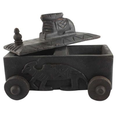 Indian Shelf 1 Piece Vocalforlocal Handmade Black Wooden Nandi Bull Sitting on Cart Design Spice Box Seasoning Masala Organizer Rack Jewellery Container