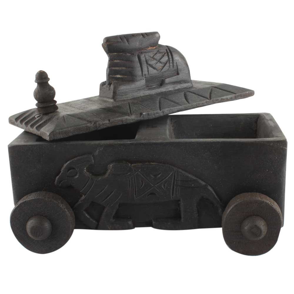 Indian Shelf 1 Piece Vocalforlocal Handmade Black Wooden Nandi Bull Sitting on Cart Design Spice Box Seasoning Masala Organizer Rack Jewellery Container