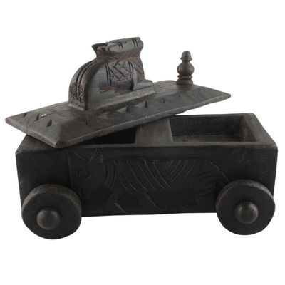 Indian Shelf 1 Piece Vocalforlocal Handmade Black Wooden Nandi Bull Sitting on Cart Design Spice Box Seasoning Masala Organizer Rack Jewellery Container