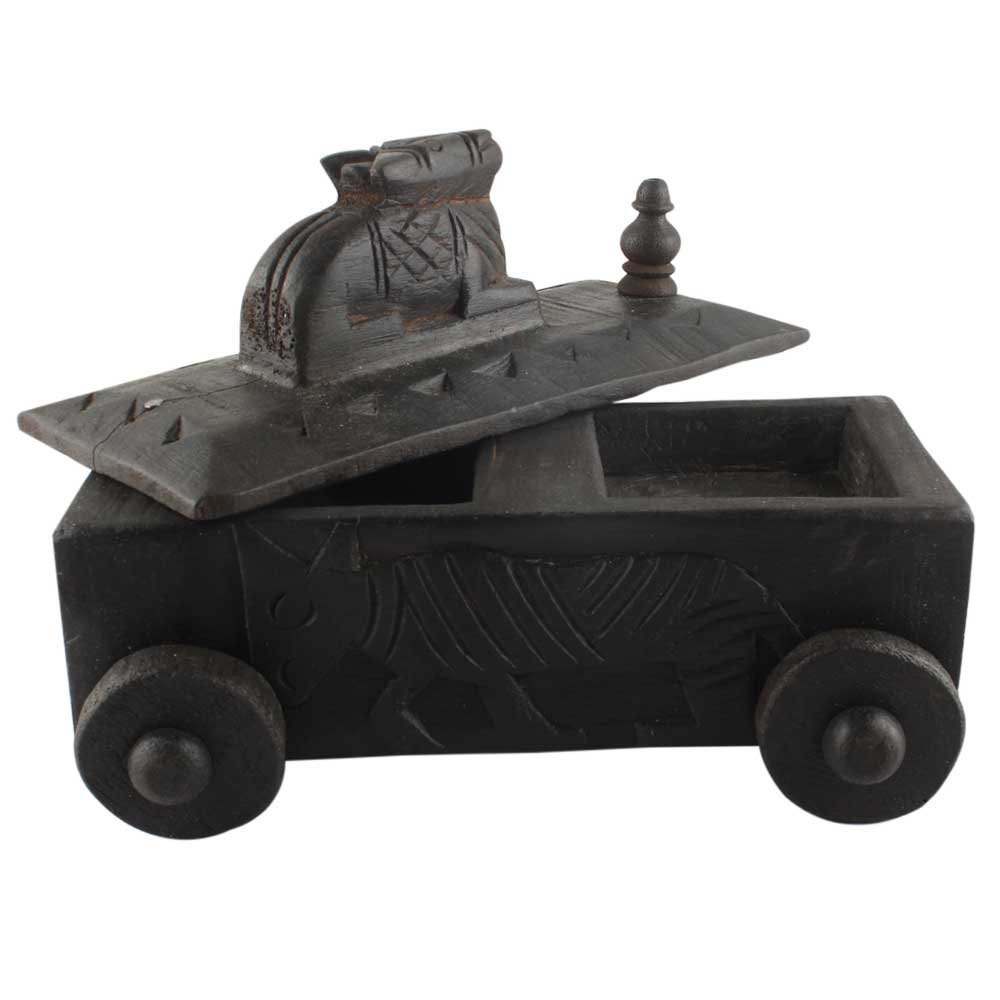 Indian Shelf 1 Piece Vocalforlocal Handmade Black Wooden Nandi Bull Sitting on Cart Design Spice Box Seasoning Masala Organizer Rack Jewellery Container