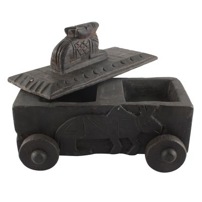 Indian Shelf 1 Piece Vocalforlocal Handmade Black Wooden Nandi Bull Sitting on Cart Design Spice Box Seasoning Masala Organizer Rack Jewellery Container