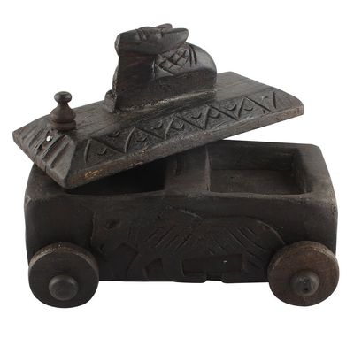 Indian Shelf 1 Piece Vocalforlocal Handmade Black Wooden Nandi Bull Sitting on Cart Design Spice Box Seasoning Masala Organizer Rack Jewellery Container