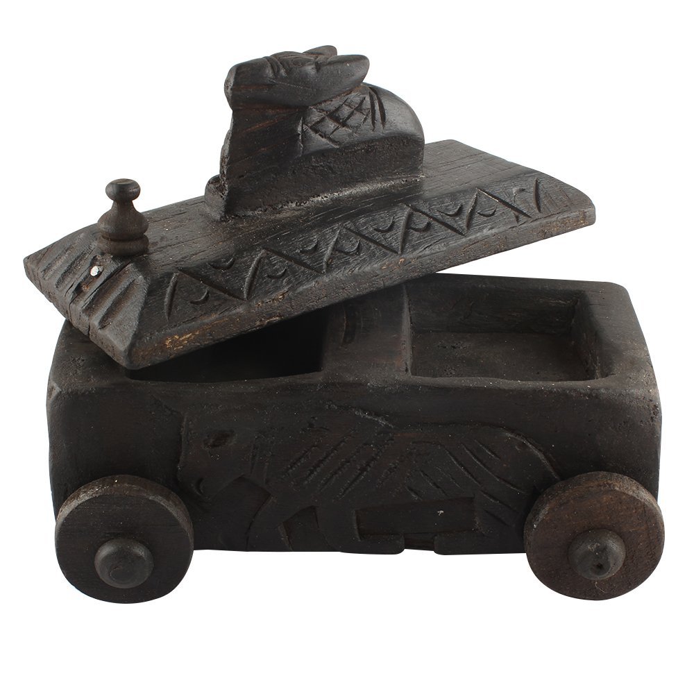Indian Shelf 1 Piece Vocalforlocal Handmade Black Wooden Nandi Bull Sitting on Cart Design Spice Box Seasoning Masala Organizer Rack Jewellery Container