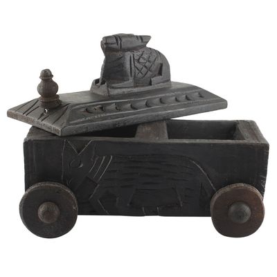 Indian Shelf 1 Piece Vocalforlocal Handmade Black Wooden Nandi Bull Sitting on Cart Design Spice Box Seasoning Masala Organizer Rack Jewellery Container
