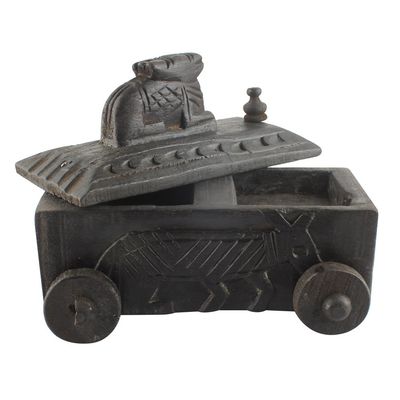 Indian Shelf 1 Piece Vocalforlocal Handmade Black Wooden Nandi Bull Sitting on Cart Design Spice Box Seasoning Masala Organizer Rack Jewellery Container