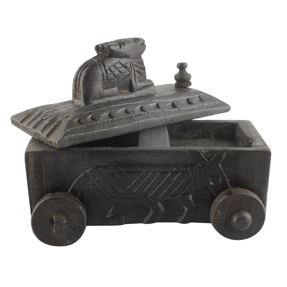 Indian Shelf 1 Piece Vocalforlocal Handmade Black Wooden Nandi Bull Sitting on Cart Design Spice Box Seasoning Masala Organizer Rack Jewellery Container