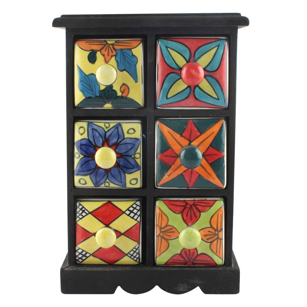 Indian Shelf 1 Piece Vocalforlocal Handmade Multicolor Wooden 6 Drawer Floral Pattern Spice Box Seasoning Masala Organizer Rack Jewellery Container