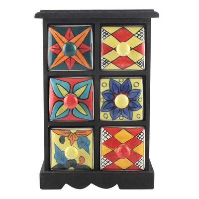 Indian Shelf 1 Piece Vocalforlocal Handmade Multicolor Wooden 6 Drawer Floral Pattern Spice Box Seasoning Masala Organizer Rack Jewellery Container