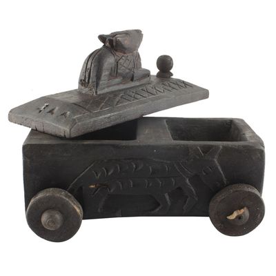 Indian Shelf 1 Piece Vocalforlocal Handmade Black Wooden Nandi Bull Sitting on Cart Design Spice Box Seasoning Masala Organizer Rack Jewellery Container