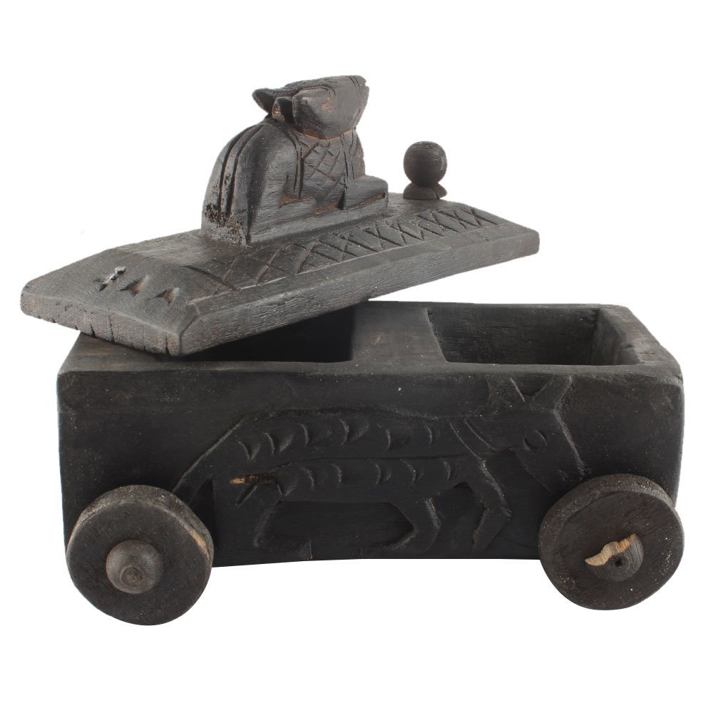 Indian Shelf 1 Piece Vocalforlocal Handmade Black Wooden Nandi Bull Sitting on Cart Design Spice Box Seasoning Masala Organizer Rack Jewellery Container