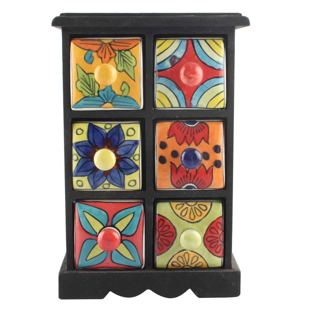 Indian Shelf 1 Piece Vocalforlocal Handmade Multicolor Wooden 6 Drawer Floral Pattern Spice Box Seasoning Masala Organizer Rack Jewellery Container