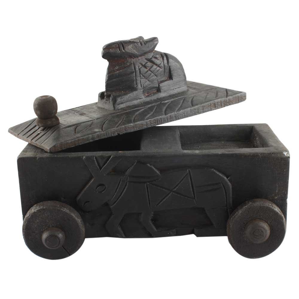 Indian Shelf 1 Piece Vocalforlocal Handmade Black Wooden Nandi Bull Sitting on Cart Design Spice Box Seasoning Masala Organizer Rack Jewellery Container
