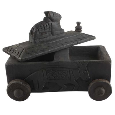 Indian Shelf 1 Piece Vocalforlocal Handmade Black Wooden Nandi Bull Sitting on Cart Design Spice Box Seasoning Masala Organizer Rack Jewellery Container