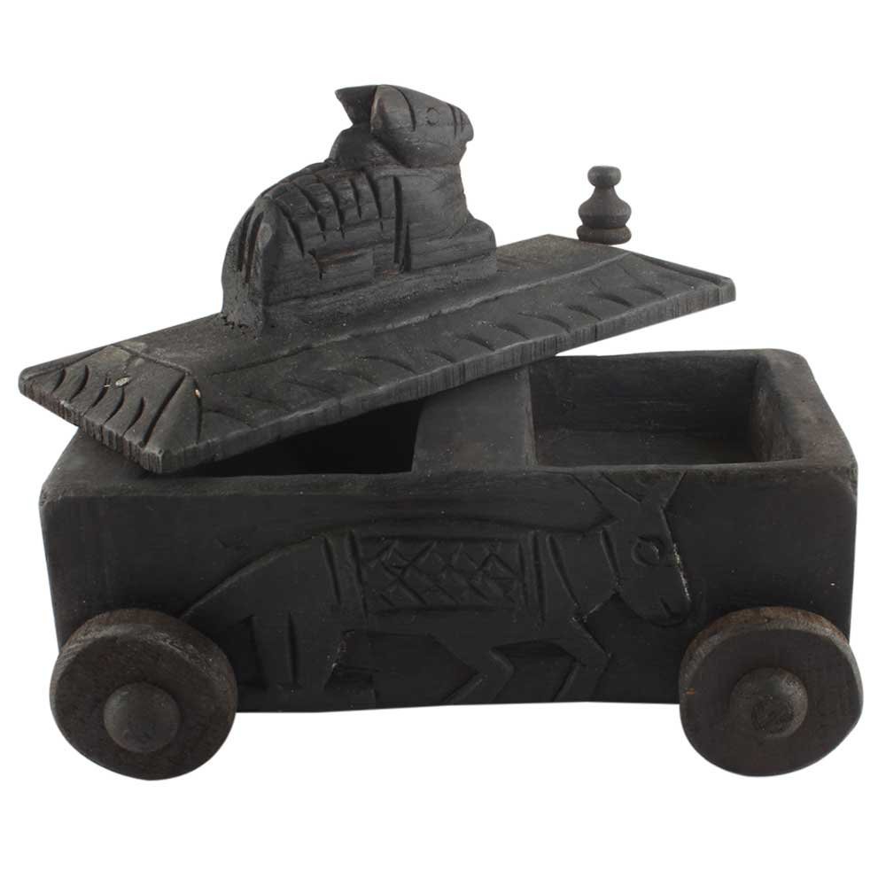 Indian Shelf 1 Piece Vocalforlocal Handmade Black Wooden Nandi Bull Sitting on Cart Design Spice Box Seasoning Masala Organizer Rack Jewellery Container