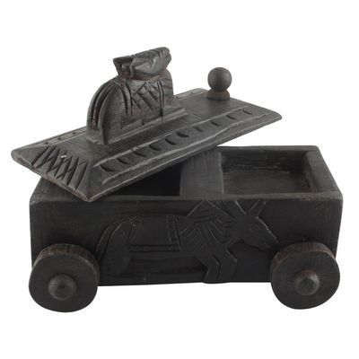 Indian Shelf 1 Piece Vocalforlocal Handmade Black Wooden Nandi Bull Sitting on Cart Design Spice Box Seasoning Masala Organizer Rack Jewellery Container