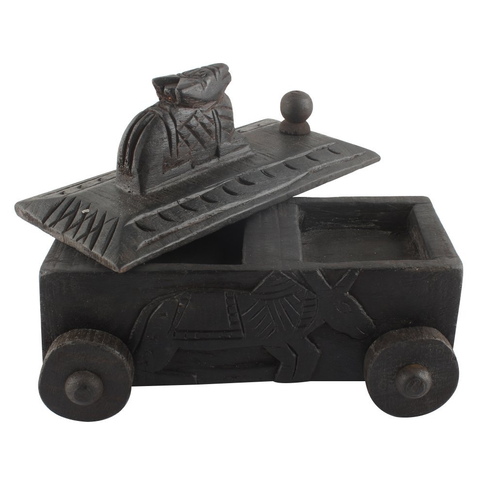 Indian Shelf 1 Piece Vocalforlocal Handmade Black Wooden Nandi Bull Sitting on Cart Design Spice Box Seasoning Masala Organizer Rack Jewellery Container