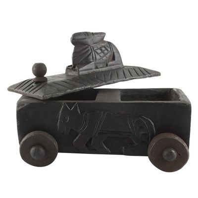 Indian Shelf 1 Piece Vocalforlocal Handmade Black Wooden Nandi Bull Sitting on Cart Design Spice Box Seasoning Masala Organizer Rack Jewellery Container