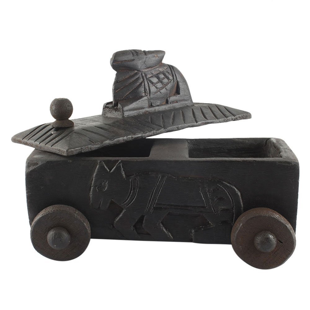 Indian Shelf 1 Piece Vocalforlocal Handmade Black Wooden Nandi Bull Sitting on Cart Design Spice Box Seasoning Masala Organizer Rack Jewellery Container