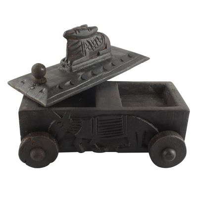Indian Shelf 1 Piece Vocalforlocal Handmade Black Wooden Nandi Bull Sitting on Cart Design Spice Box Seasoning Masala Organizer Rack Jewellery Container