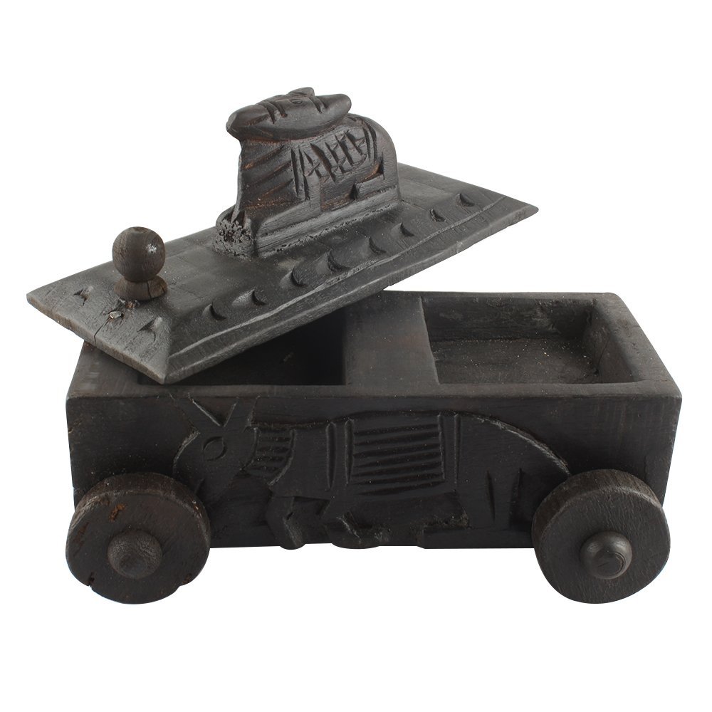 Indian Shelf 1 Piece Vocalforlocal Handmade Black Wooden Nandi Bull Sitting on Cart Design Spice Box Seasoning Masala Organizer Rack Jewellery Container
