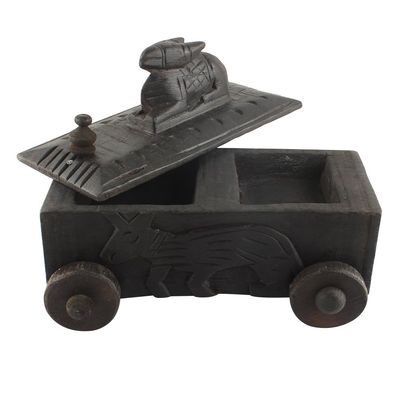 Indian Shelf 1 Piece Vocalforlocal Handmade Black Wooden Nandi Bull Sitting on Cart Design Spice Box Seasoning Masala Organizer Rack Jewellery Container