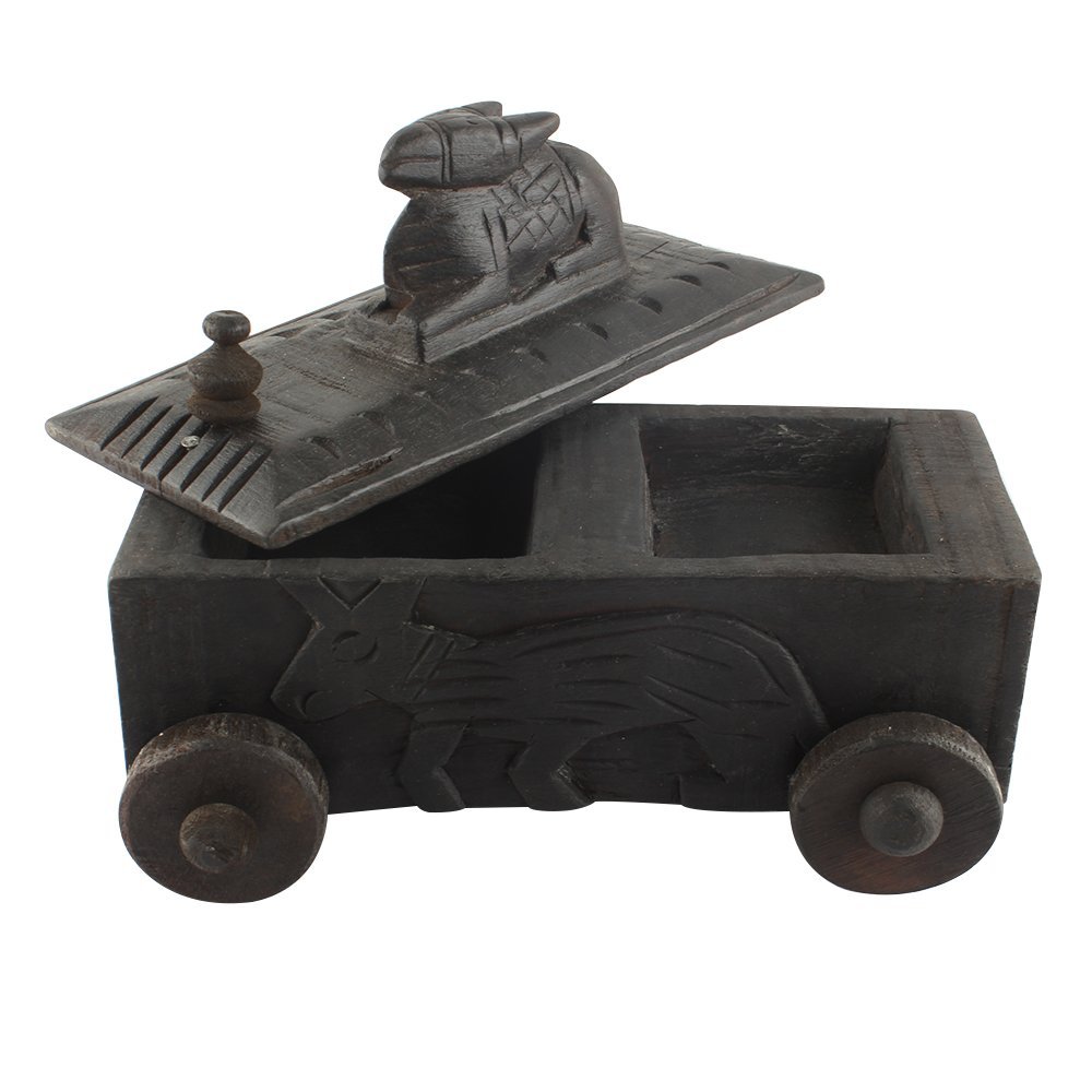 Indian Shelf 1 Piece Vocalforlocal Handmade Black Wooden Nandi Bull Sitting on Cart Design Spice Box Seasoning Masala Organizer Rack Jewellery Container