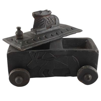 Indian Shelf 1 Piece Vocalforlocal Handmade Black Wooden Nandi Bull Sitting on Cart Design Spice Box Seasoning Masala Organizer Rack Jewellery Container