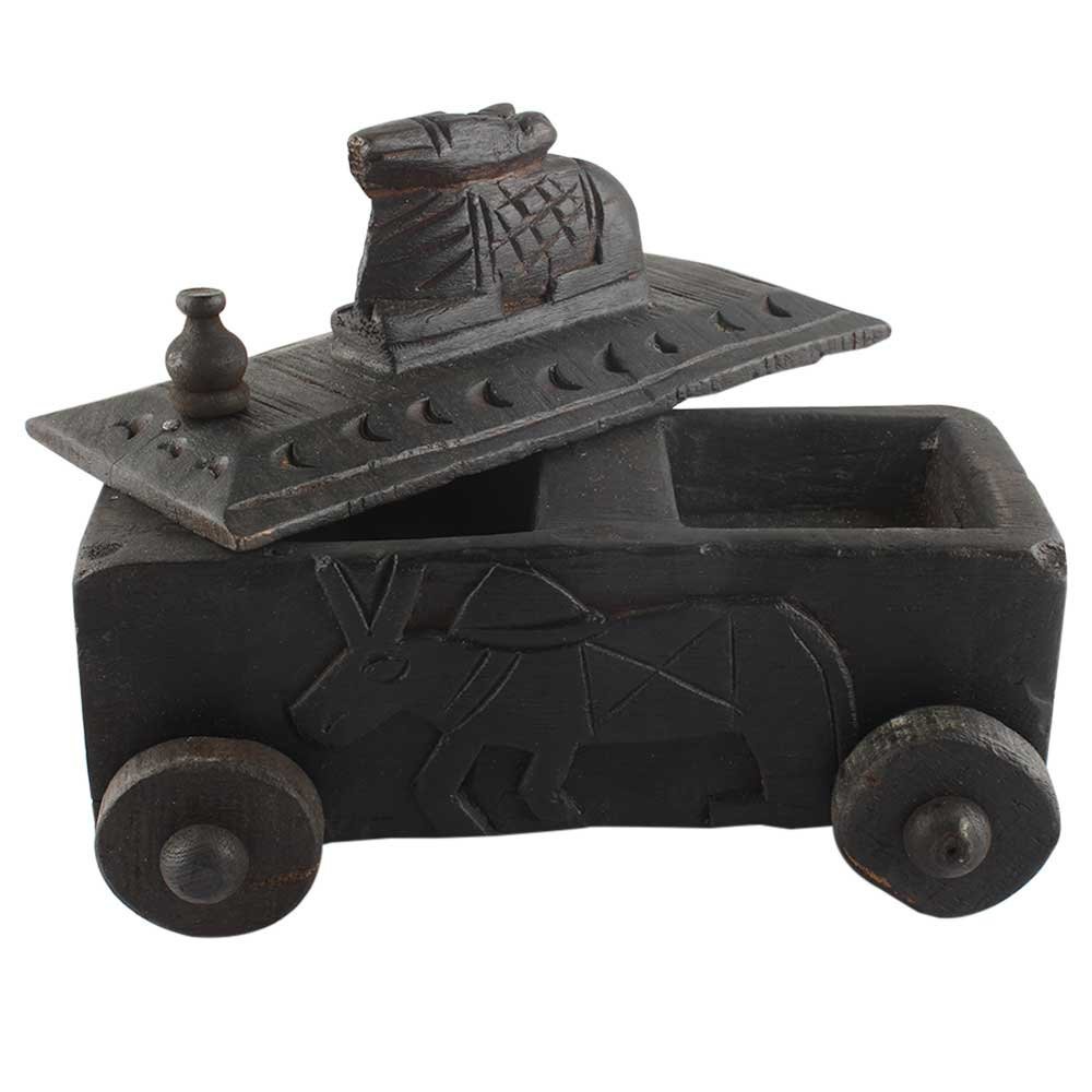 Indian Shelf 1 Piece Vocalforlocal Handmade Black Wooden Nandi Bull Sitting on Cart Design Spice Box Seasoning Masala Organizer Rack Jewellery Container