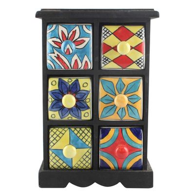 Indian Shelf 1 Piece Vocalforlocal Handmade Multicolor Wooden 6 Drawer Floral Pattern Spice Box Seasoning Masala Organizer Rack Jewellery Container