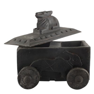 Indian Shelf 1 Piece Vocalforlocal Handmade Black Wooden Nandi Bull Sitting on Cart Design Spice Box Seasoning Masala Organizer Rack Jewellery Container