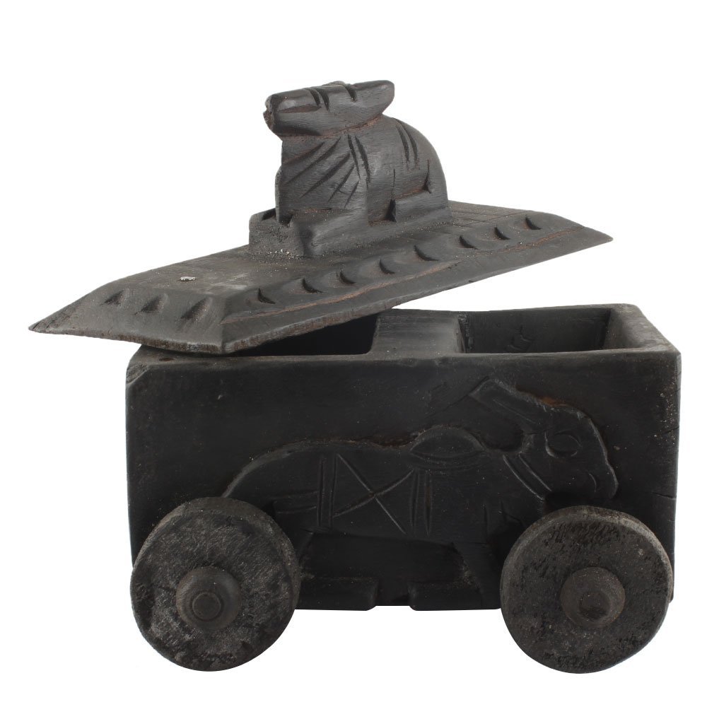 Indian Shelf 1 Piece Vocalforlocal Handmade Black Wooden Nandi Bull Sitting on Cart Design Spice Box Seasoning Masala Organizer Rack Jewellery Container