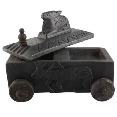 Indian Shelf 1 Piece Vocalforlocal Handmade Black Wooden Nandi Bull Sitting on Cart Design Spice Box Seasoning Masala Organizer Rack Jewellery Container