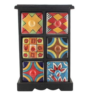 Indian Shelf 1 Piece Vocalforlocal Handmade Multicolor Wooden 6 Drawer Floral Pattern Spice Box Seasoning Masala Organizer Rack Jewellery Container