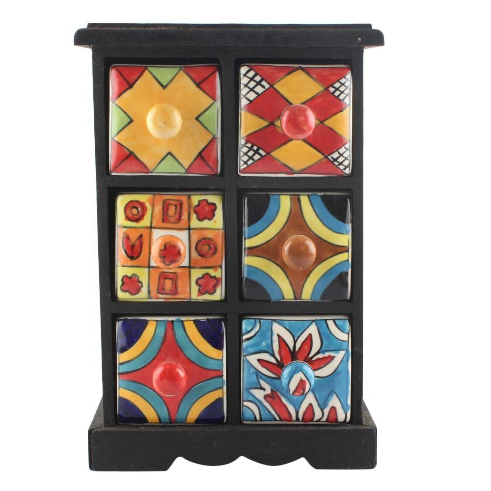 Indian Shelf 1 Piece Vocalforlocal Handmade Multicolor Wooden 6 Drawer Floral Pattern Spice Box Seasoning Masala Organizer Rack Jewellery Container