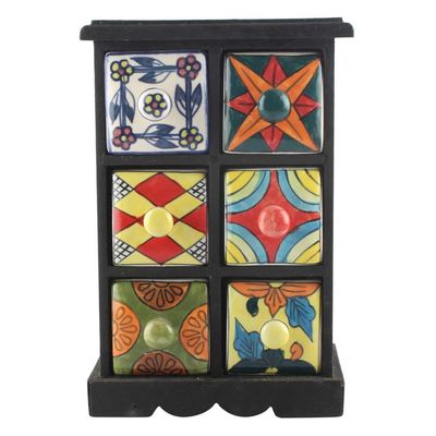 Indian Shelf 1 Piece Vocalforlocal Handmade Multicolor Wooden 6 Drawer Floral Pattern Spice Box Seasoning Masala Organizer Rack Jewellery Container