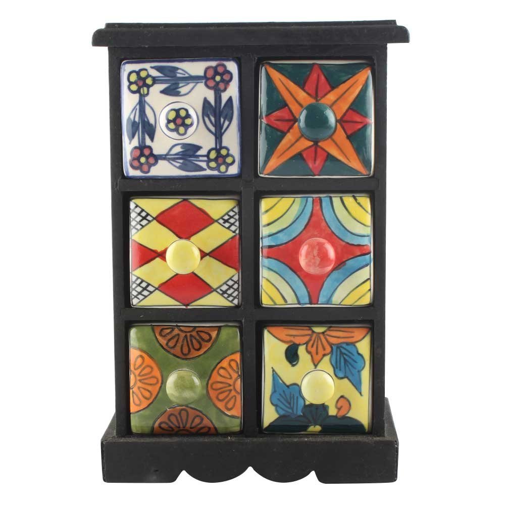 Indian Shelf 1 Piece Vocalforlocal Handmade Multicolor Wooden 6 Drawer Floral Pattern Spice Box Seasoning Masala Organizer Rack Jewellery Container
