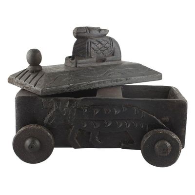 Indian Shelf 1 Piece Vocalforlocal Handmade Black Wooden Nandi Bull Sitting on Cart Design Spice Box Seasoning Masala Organizer Rack Jewellery Container