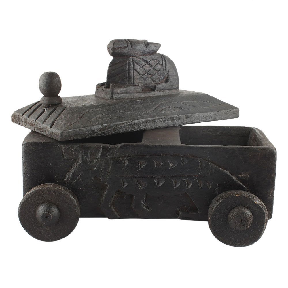 Indian Shelf 1 Piece Vocalforlocal Handmade Black Wooden Nandi Bull Sitting on Cart Design Spice Box Seasoning Masala Organizer Rack Jewellery Container